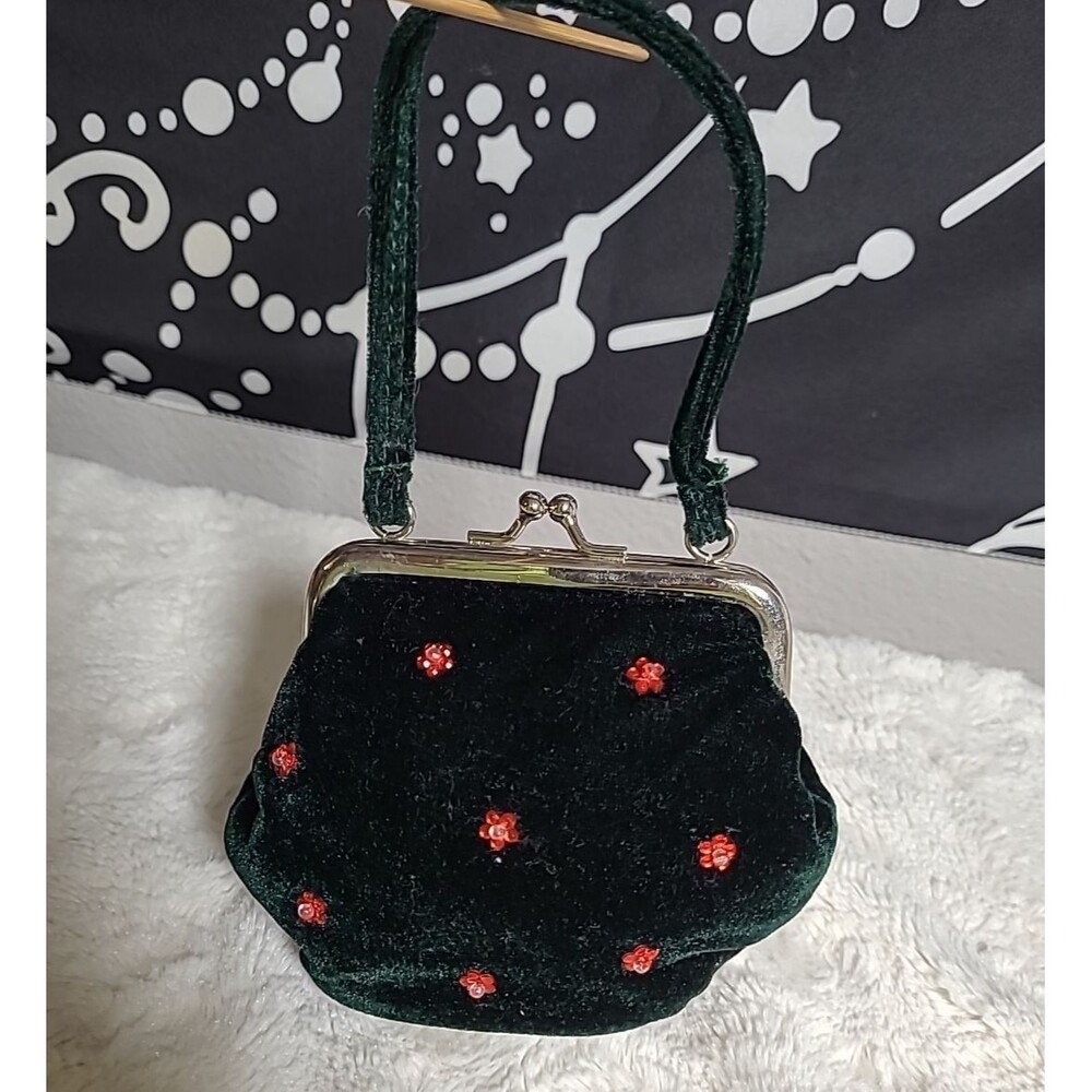 Vintage Velvet Mini Satchel Purse Green Embellished Handbag Fairy